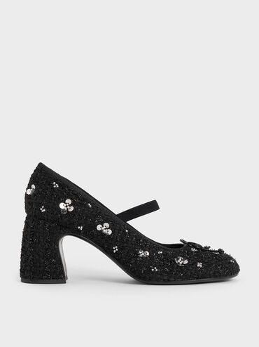 Mino Tweed Sequin-Flower Mary Jane Pumps, Black Textured, hi-res