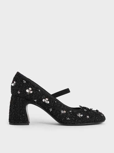 Mino Tweed Sequin-Flower Mary Jane Pumps, Black Textured, hi-res