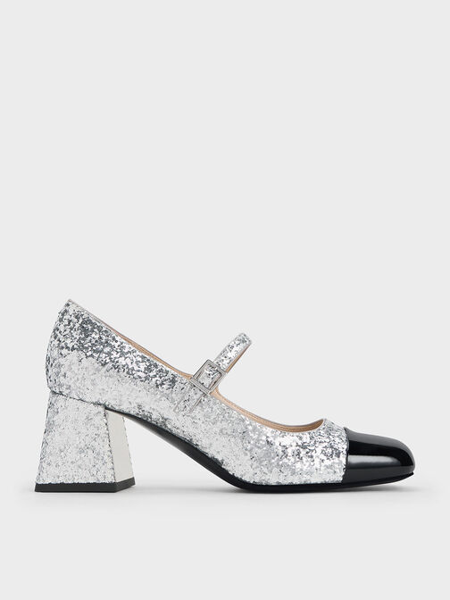 Patent Glittered Trapeze-Heel Mary Janes, Silver, hi-res