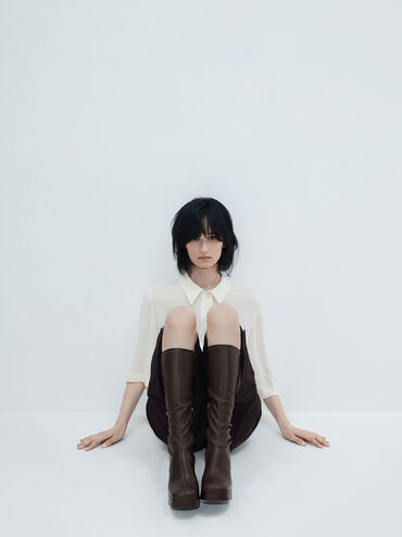 Evie Platform Block-Heel Knee-High Boots, Dark Brown, hi-res