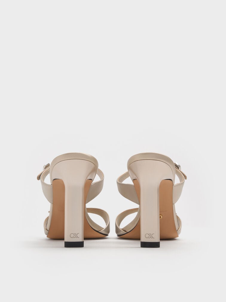 Pearlescent Leather Gem-Buckle Double-Strap Heeled Sandals, Ivory, hi-res