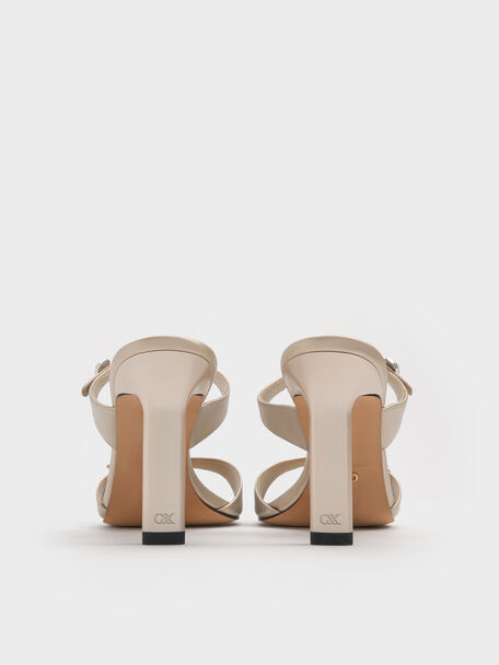 Pearlescent Leather Gem-Buckle Double-Strap Heeled Sandals, Ivory, hi-res