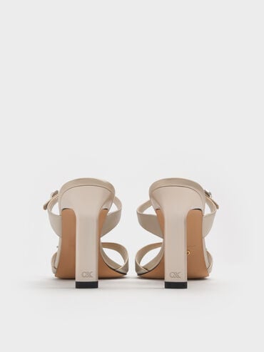 Pearlescent Leather Gem-Buckle Double-Strap Heeled Sandals, Ivory, hi-res
