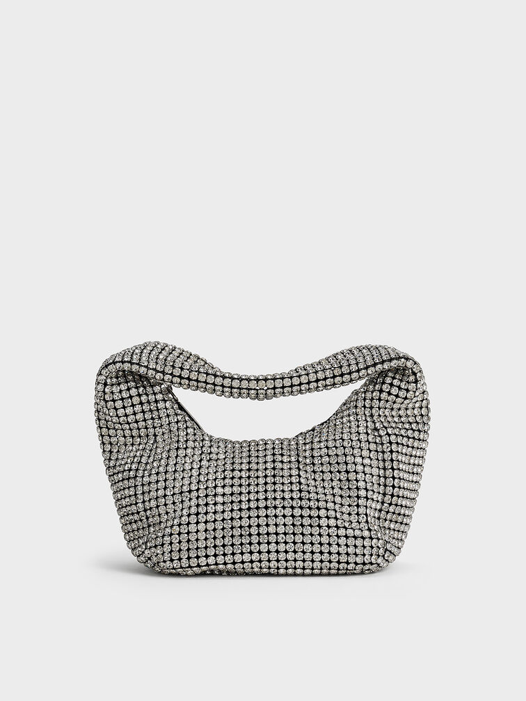 Crystal-Embellished Hobo Bag, Silver, hi-res