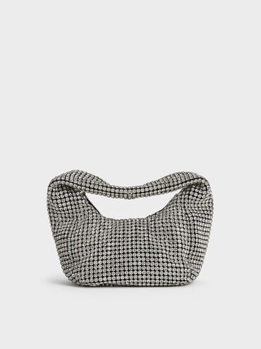 Crystal-Embellished Hobo Bag, Silver, hi-res