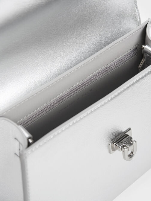 Tallulah Metallic Trapeze Top Handle Bag, Silver, hi-res