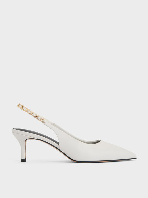 Braided-Chain Slingback Pumps, White, hi-res