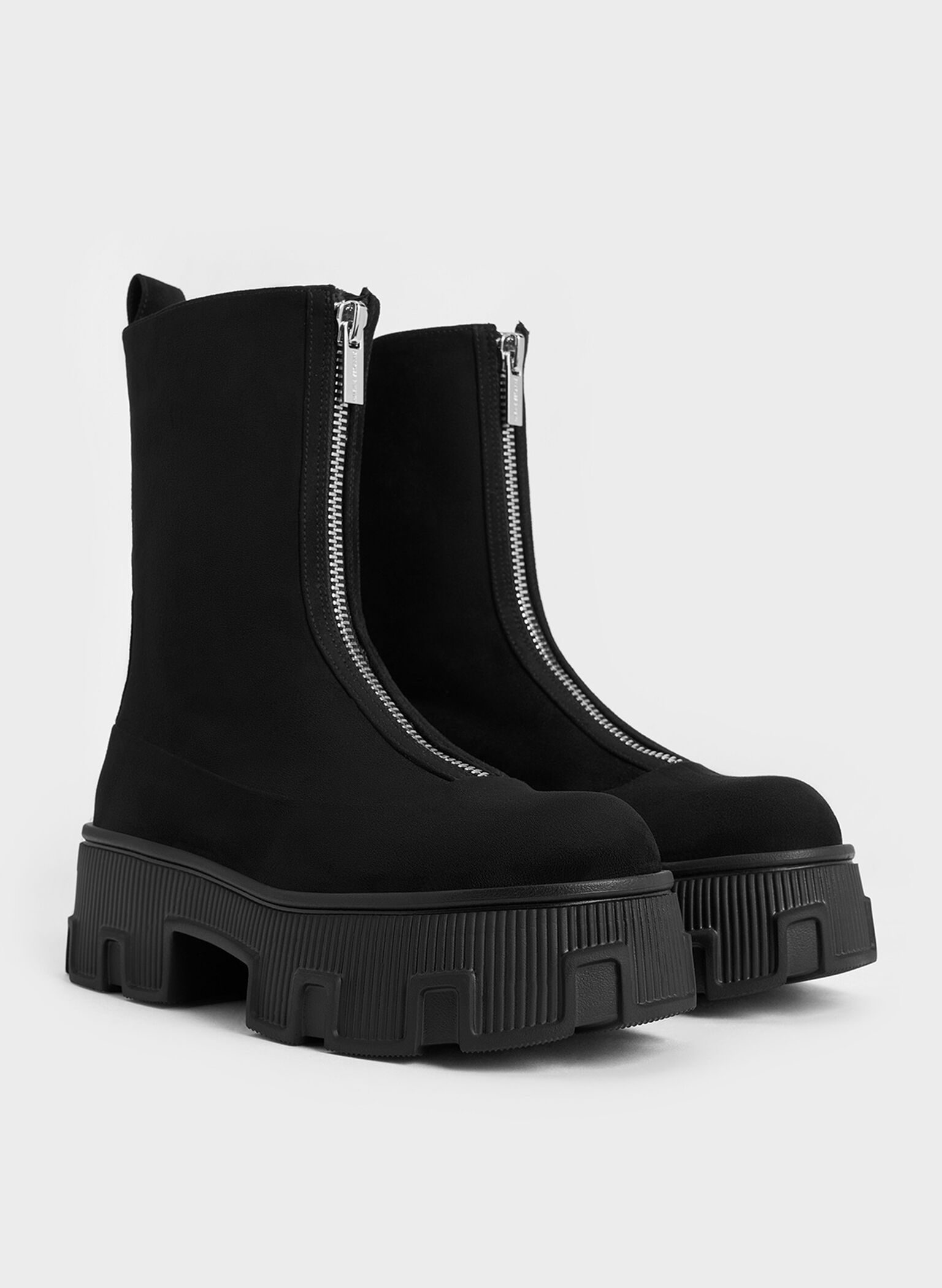 Faux Suede Zip-Up Platform Calf Boots, Black Textured, hi-res
