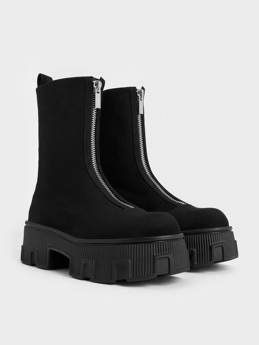 Faux Suede Zip-Up Platform Calf Boots, Black Textured, hi-res