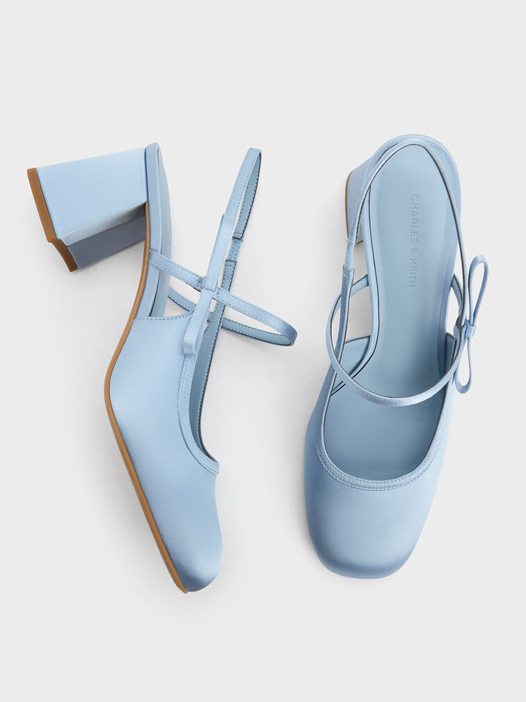 Satin Bow Slingback Mary Jane Pumps, Light Blue, hi-res