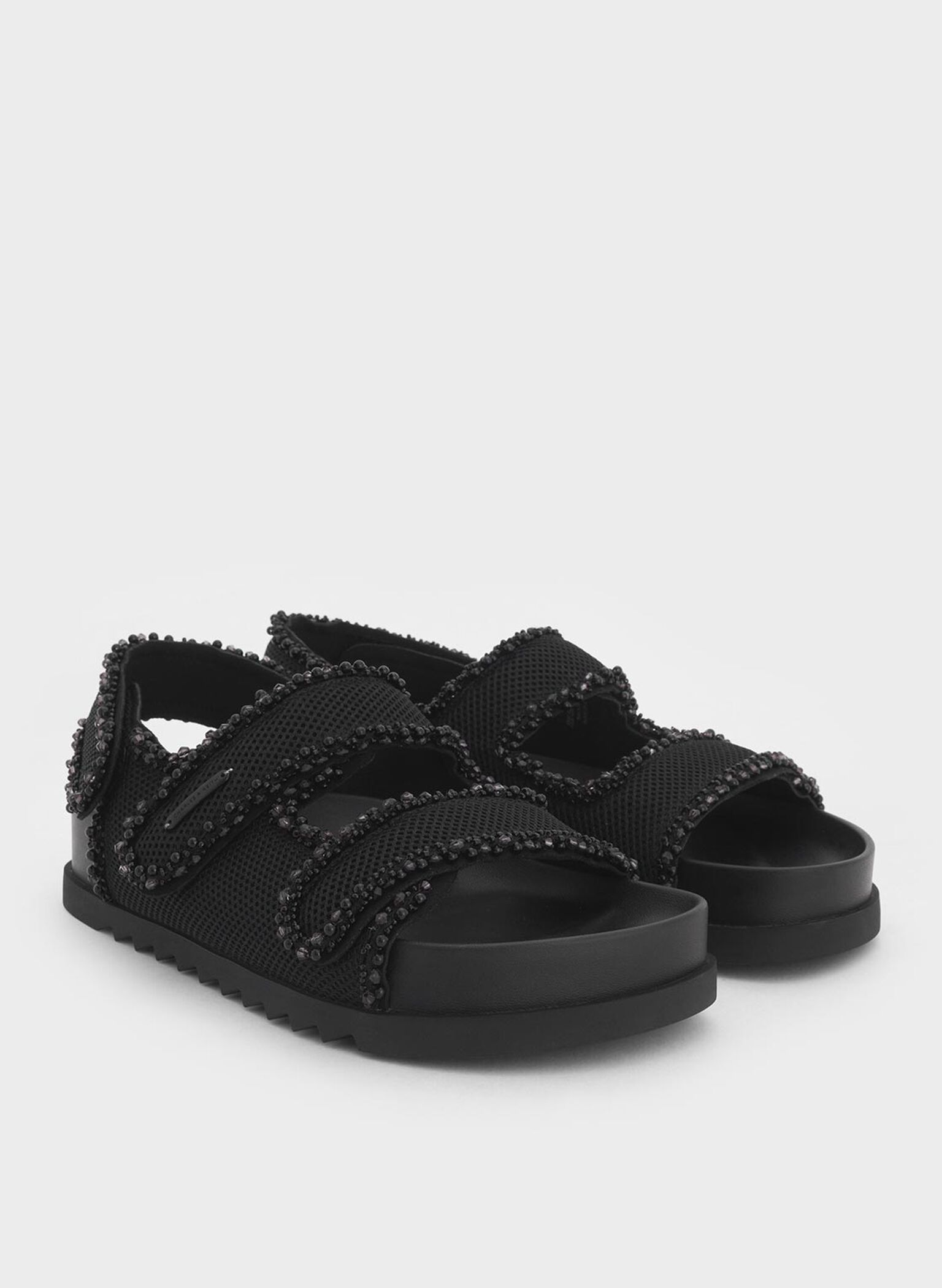 Mesh Pearl-Embellished Flatform Sandals, Black Textured, hi-res