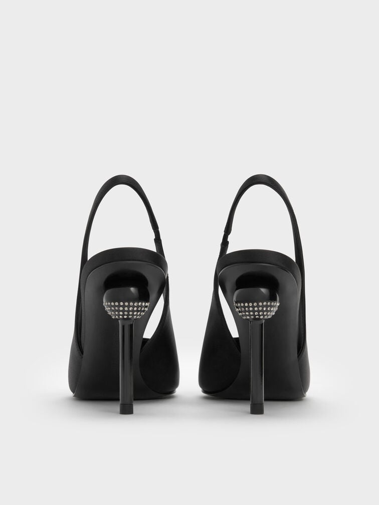 Satin Crystal-Embellished Ball-Heel Pointed-Toe Slingback Pumps, Black Textured, hi-res