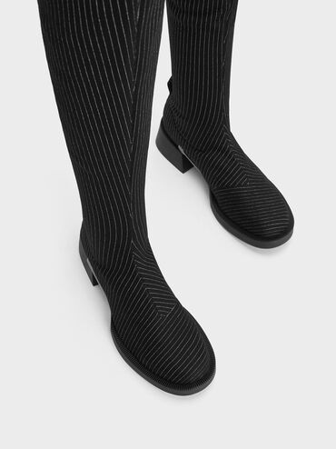 Devon Striped Metallic-Accent Thigh-High Boots, Dark Grey, hi-res