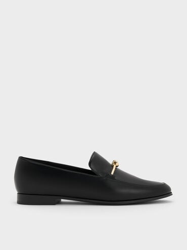 Metallic Knot-Bar Loafers, Black, hi-res