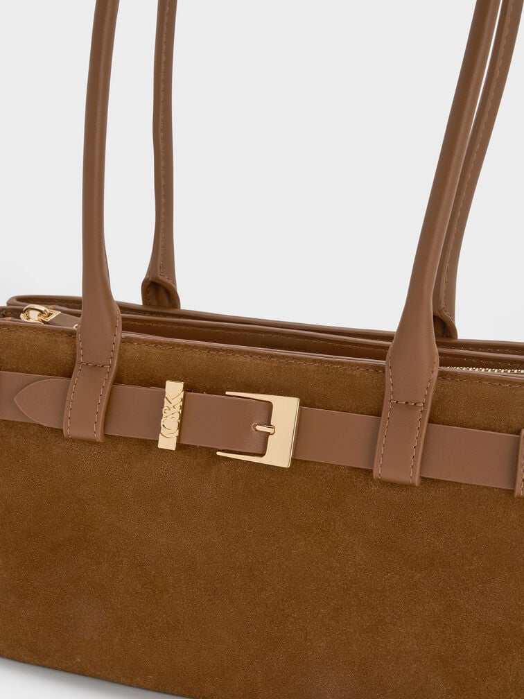 Jody Suede Belted Shoulder Bag, Ember Brown, hi-res