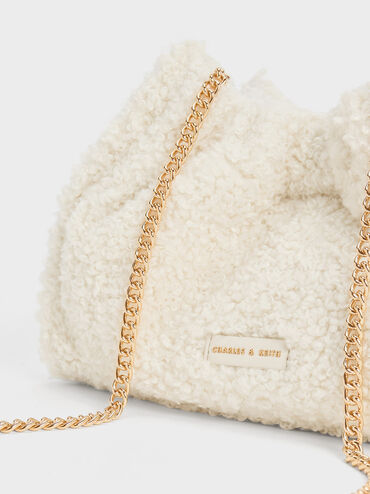 Cyrus Furry Slouchy Chain-Handle Bag, Cream, hi-res