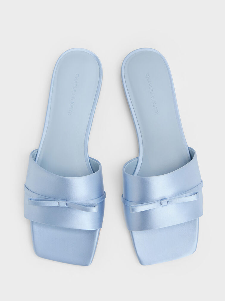 Satin Bow Slide Sandals, Light Blue, hi-res