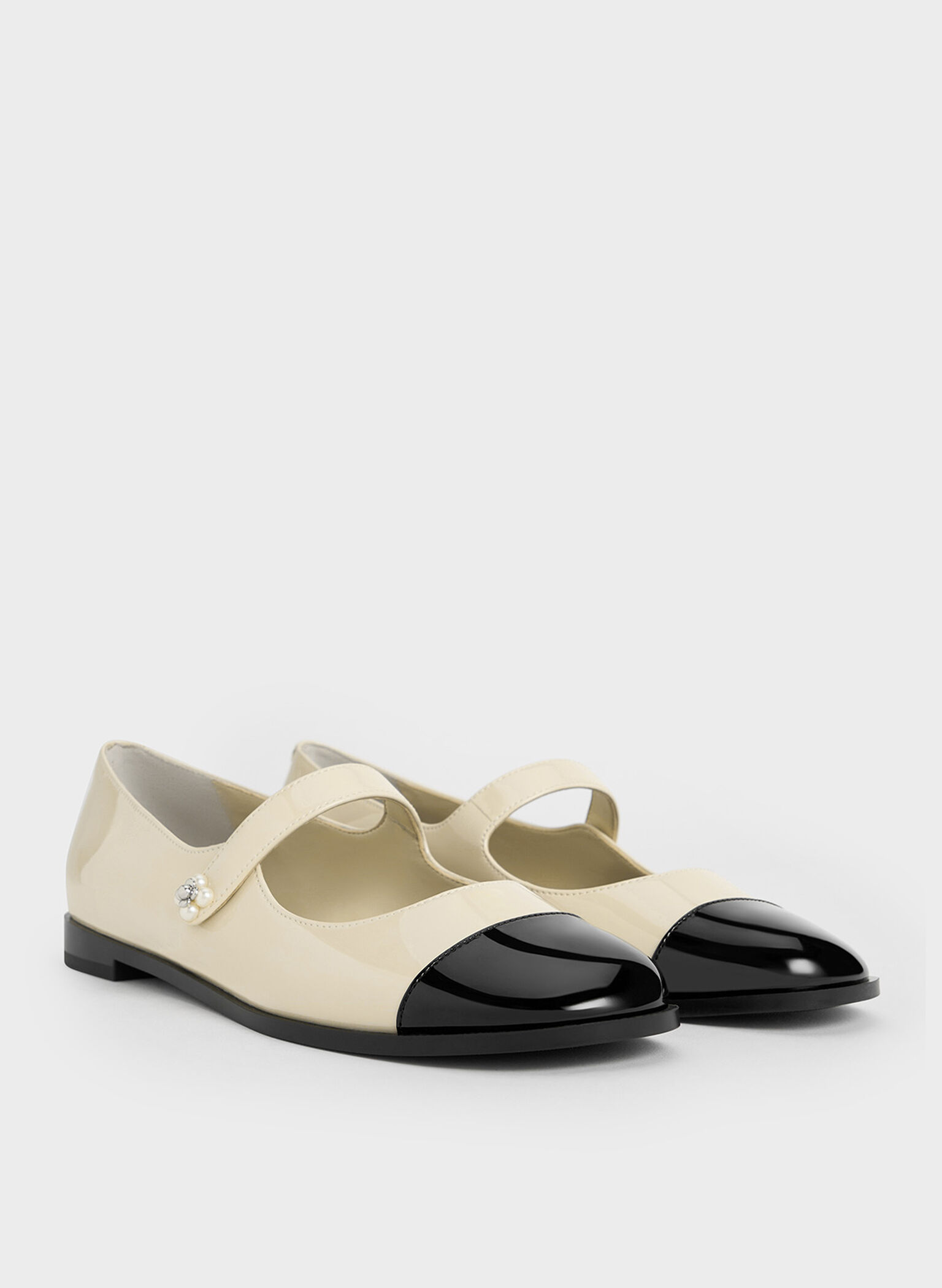 Patent Pearl-Embellished Flower-Buckle Cap-Toe Mary Janes, Chalk, hi-res