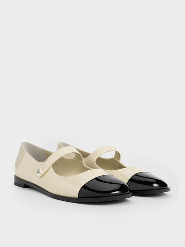 Patent Pearl-Embellished Flower-Buckle Cap-Toe Mary Janes, Chalk, hi-res