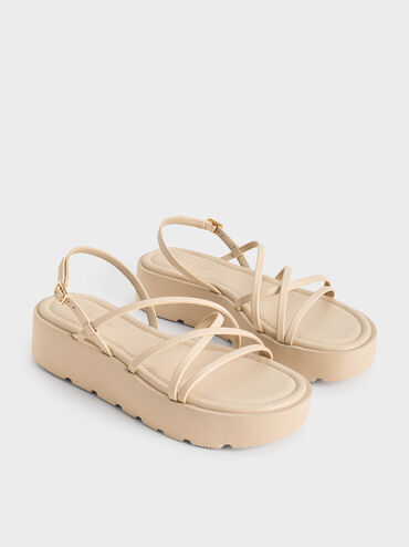 Strappy Ridged-Sole Flatform Sandals, Taupe, hi-res