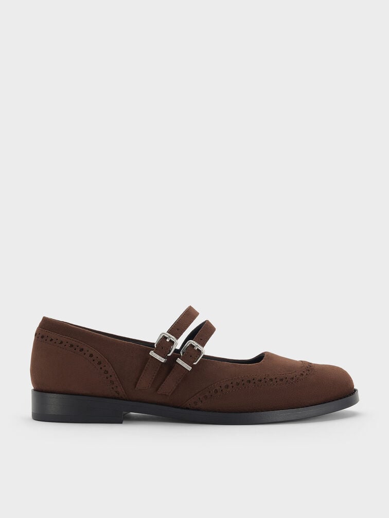 Faux Suede Double-Strap Brogue Mary Janes, Dark Brown Textured, hi-res