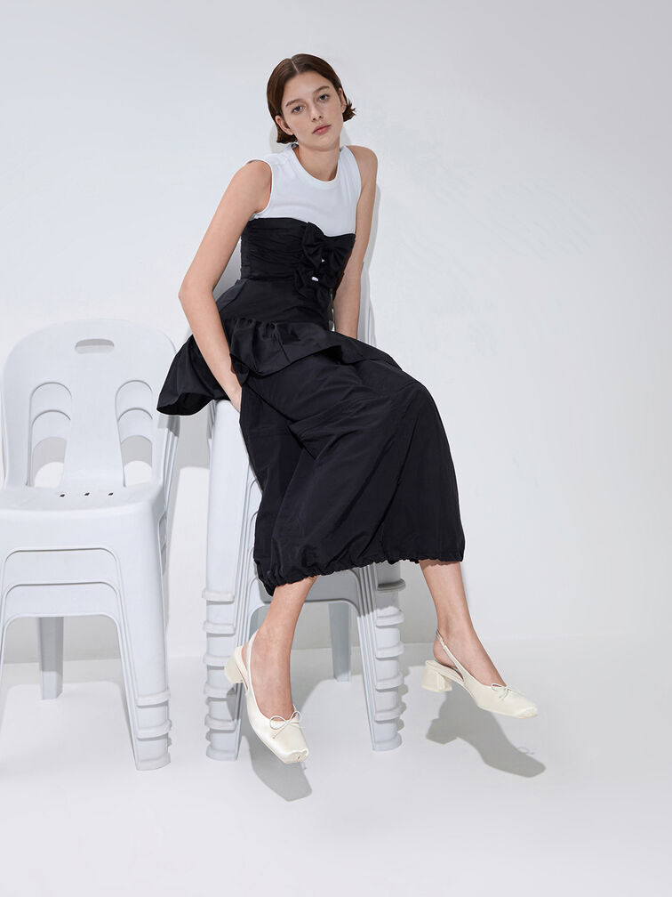 Satin Bow Square-Toe Slingback Pumps, Chalk, hi-res