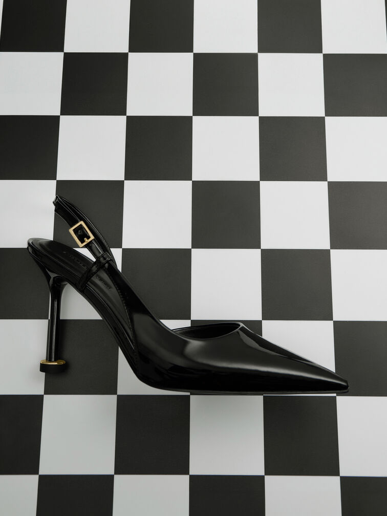 Patent Pointed-Toe Sculptural-Heel Slingback Pumps, Black Patent, hi-res