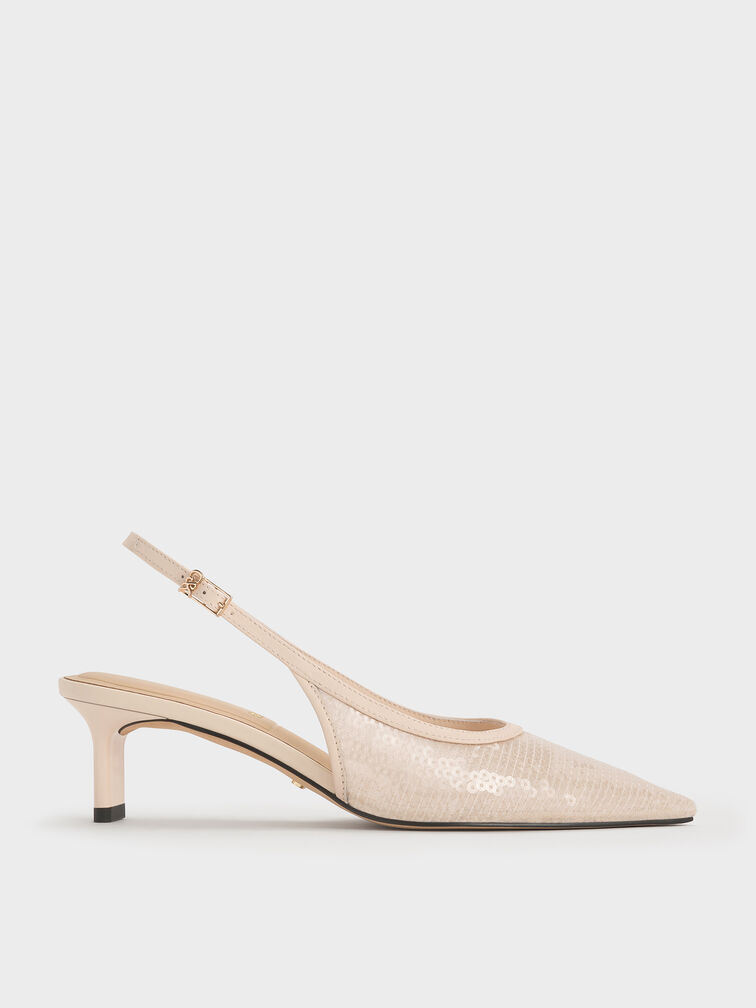 Sequin Mesh & Leather Slingback Kitten Heels, Nude, hi-res