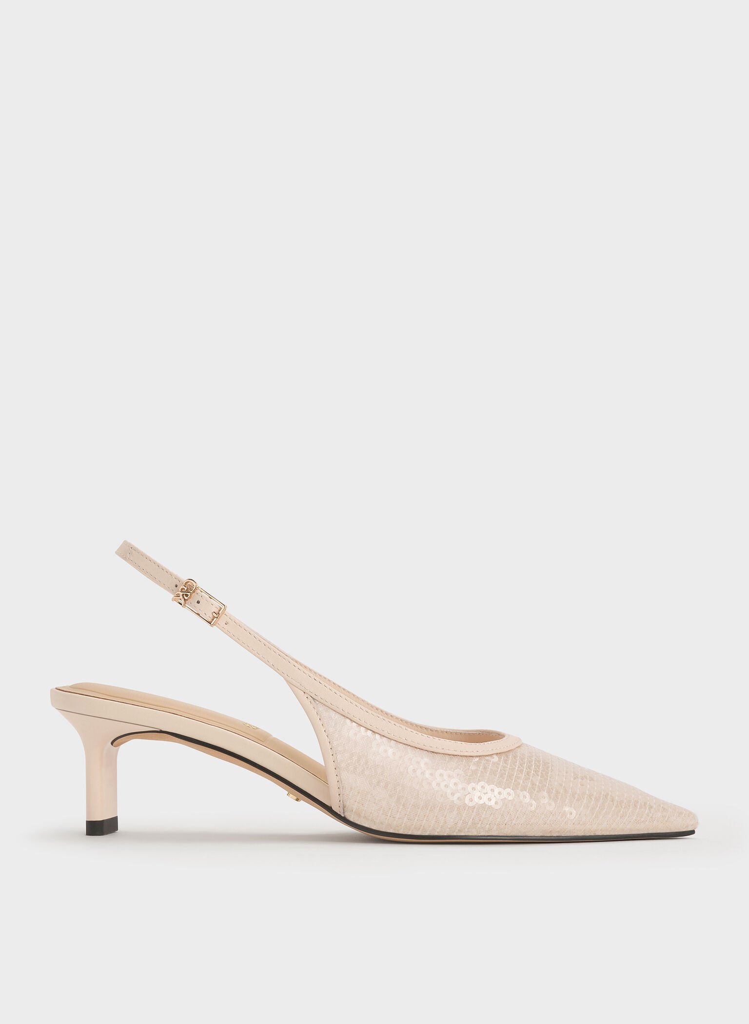 Sequin Mesh & Leather Slingback Kitten Heels, Nude, hi-res