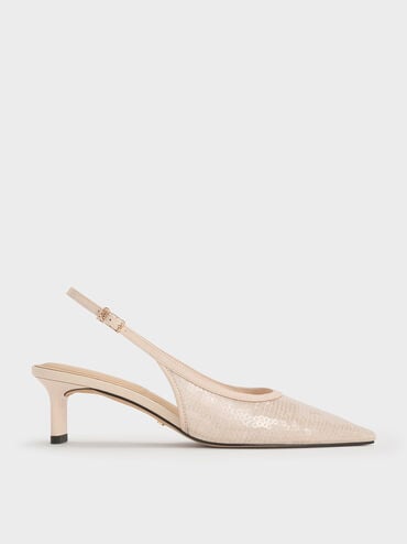 Sequin Mesh & Leather Slingback Kitten Heels, Nude, hi-res