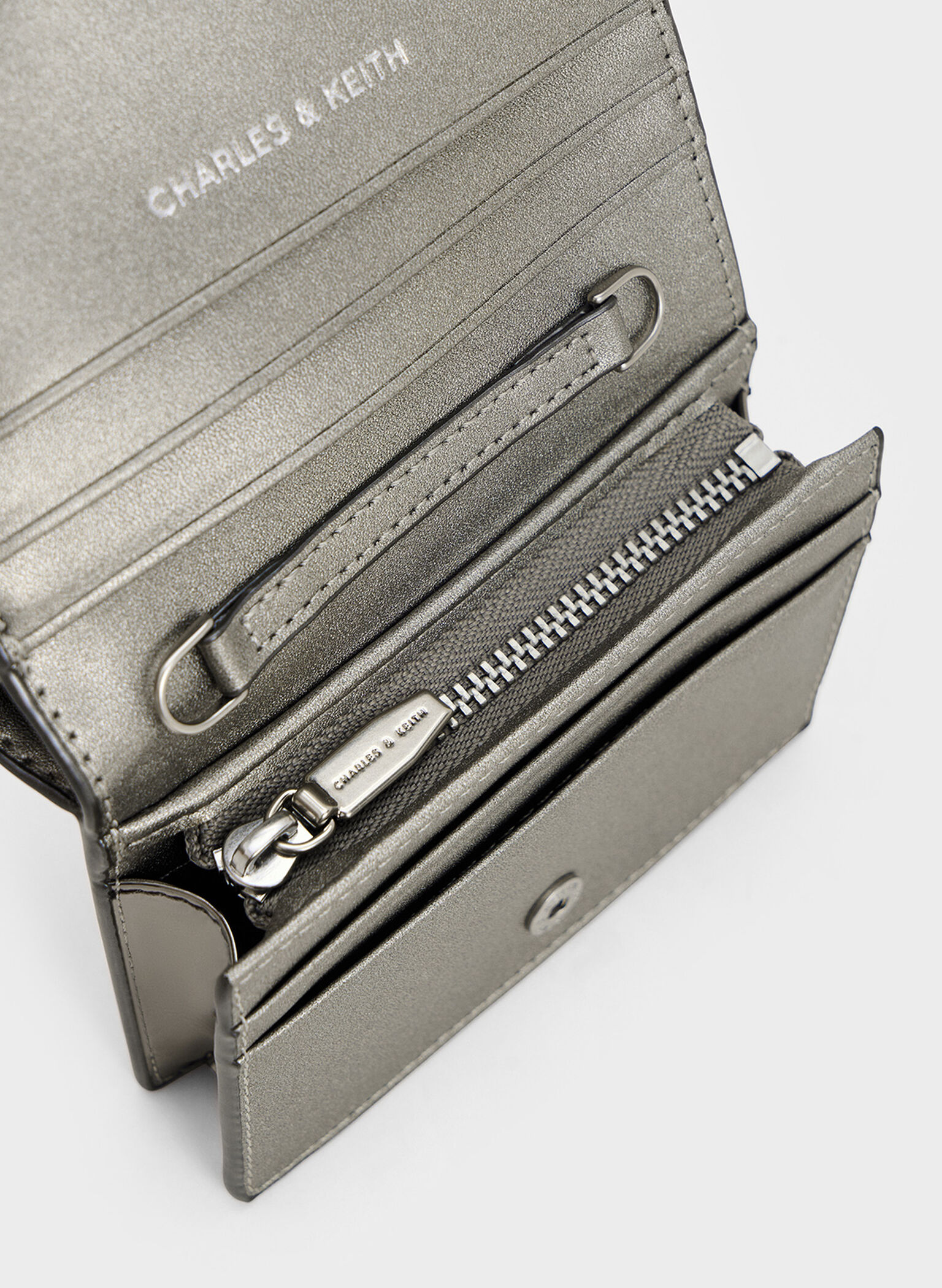 Sloane Metallic Chain-Handle Wallet, Pewter, hi-res