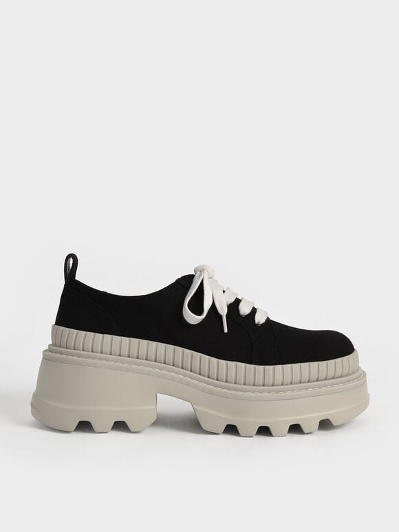 Canvas Low-Top Chunky Sneakers, Black, hi-res