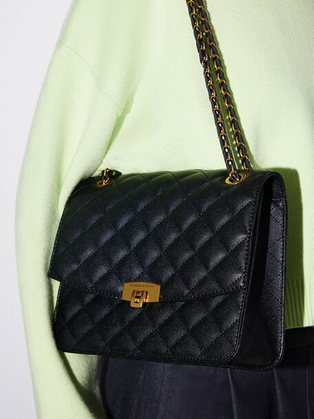 Quilted Chain Strap Bag, Black, hi-res