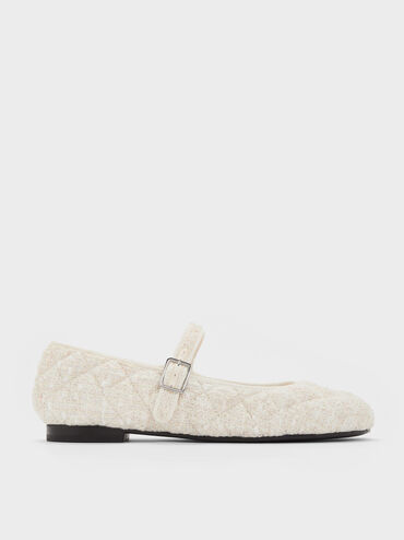 Carmel Tweed Quilted Buckled Mary Jane Flats, White, hi-res