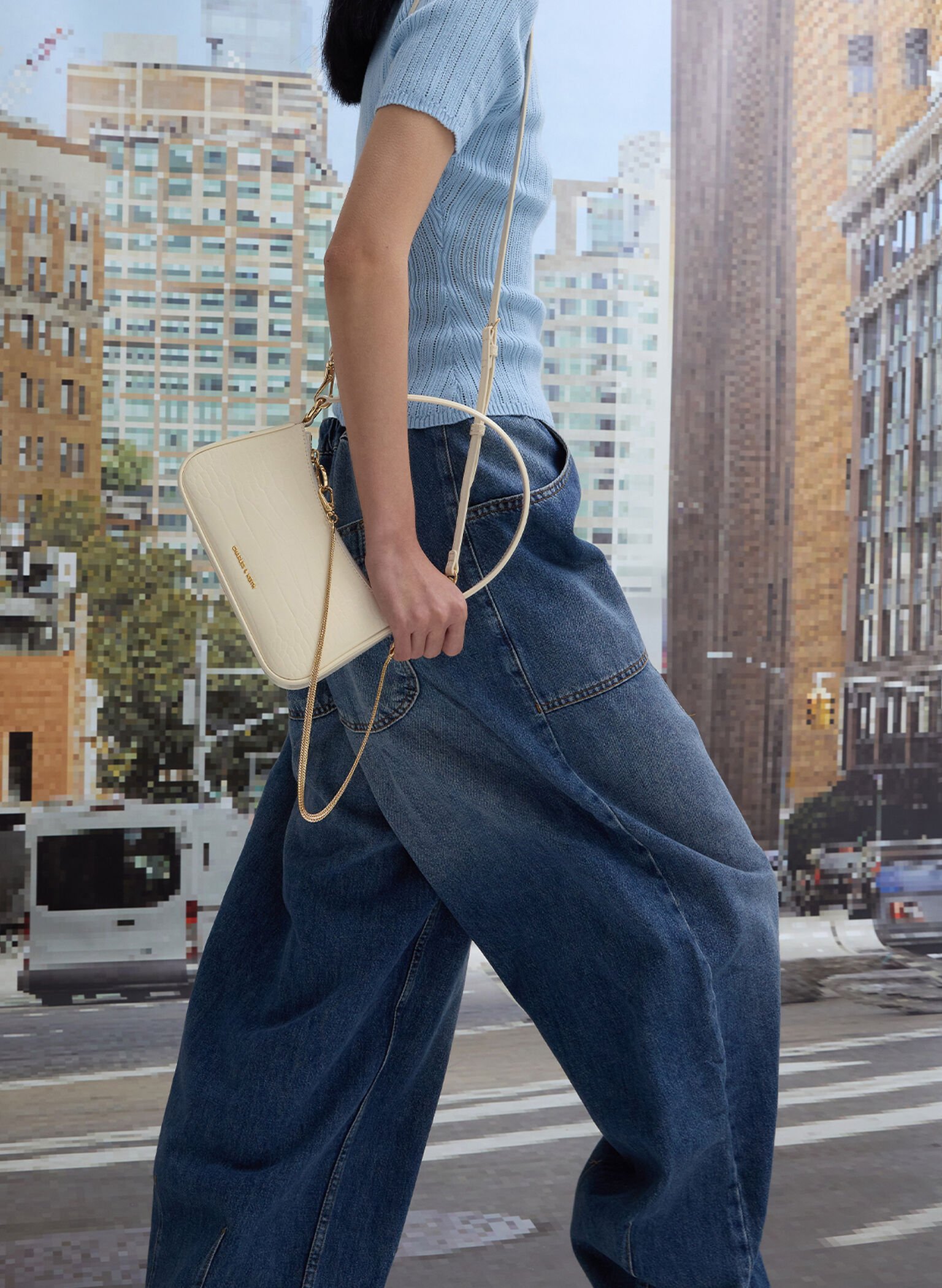 Elspeth Croc-Effect Chain-Link Shoulder Bag, Cream Croco, hi-res