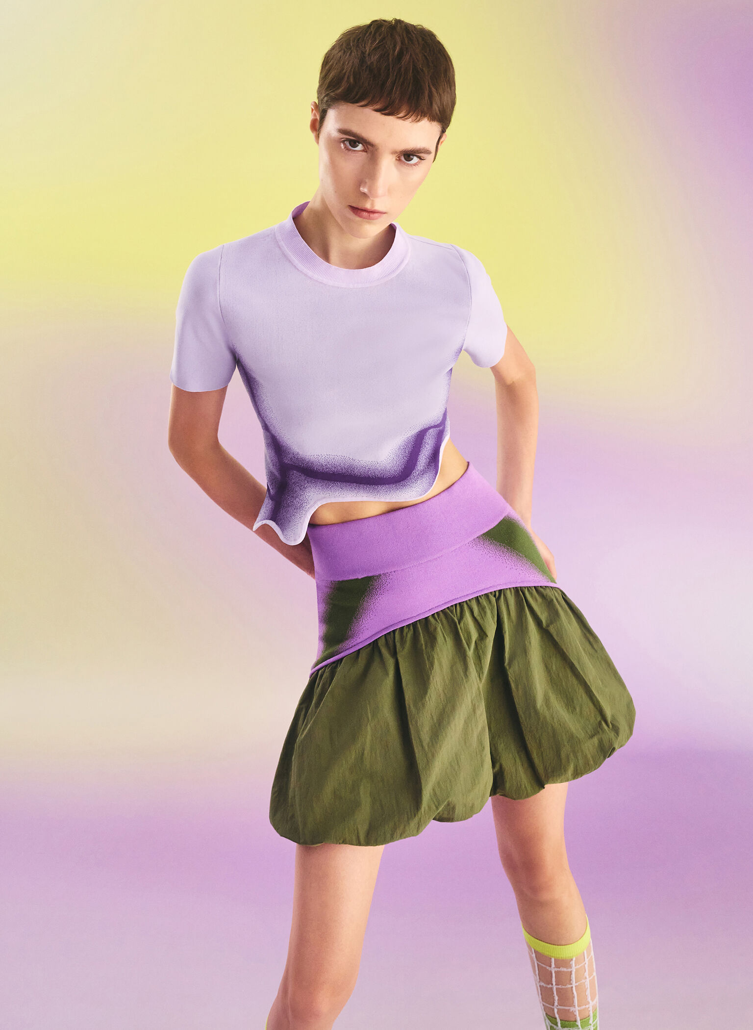 Recycled Polyester Knitted Gradient Wave-Hem Crop Top, Lilac, hi-res