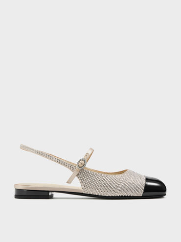 Pearl & Crystal-Embellished Cap-Toe Slingback Mary Jane Flats, Gold, hi-res