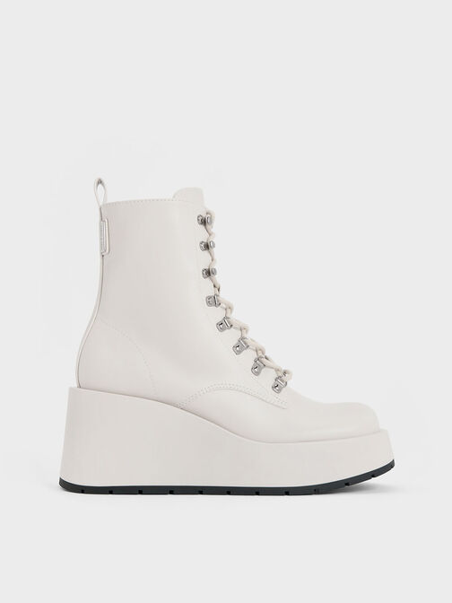 Lace-Up Platform Wedge Ankle Boots, White, hi-res