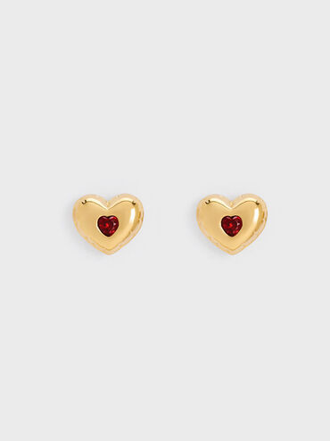 Bethania Heart Crystal Stud Earrings, Gold, hi-res