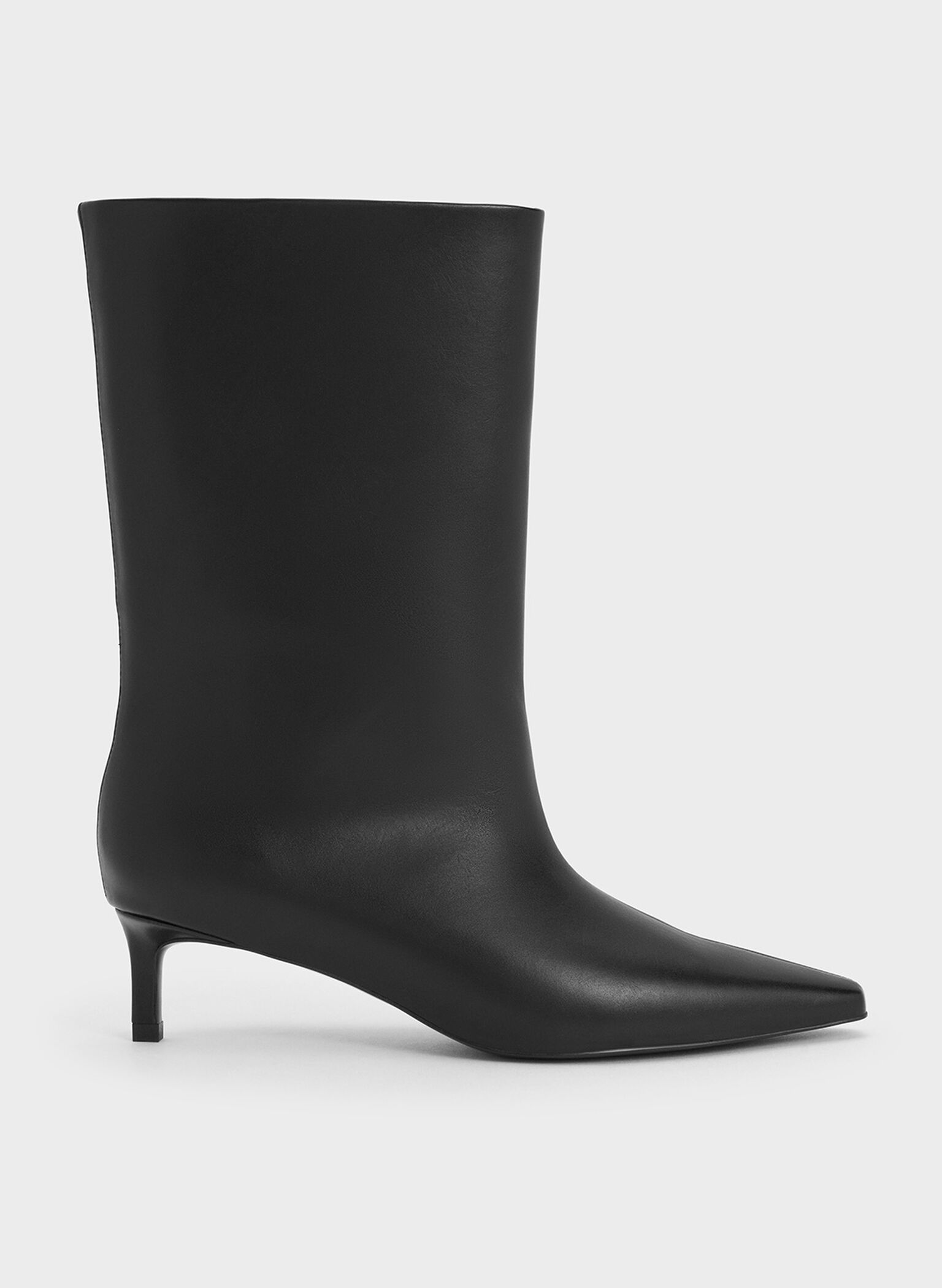 Elongated Square-Toe Kitten-Heel Calf Boots, Black, hi-res