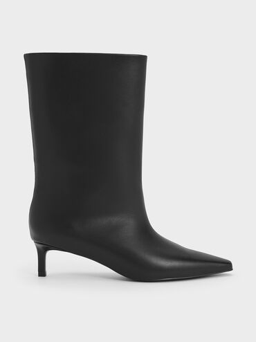 Elongated Square-Toe Kitten-Heel Calf Boots, Black, hi-res