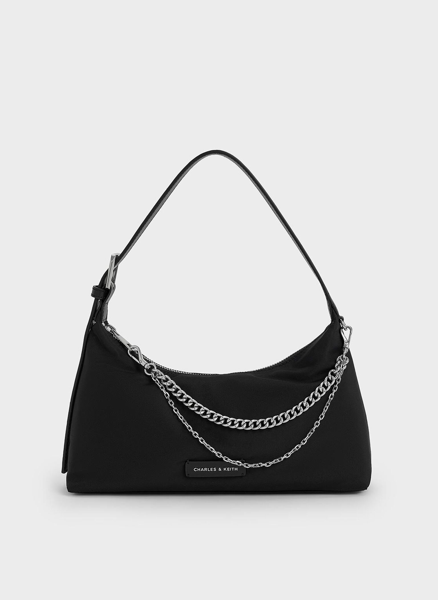 Nylon Chain-Link Trapeze Shoulder Bag, Noir, hi-res