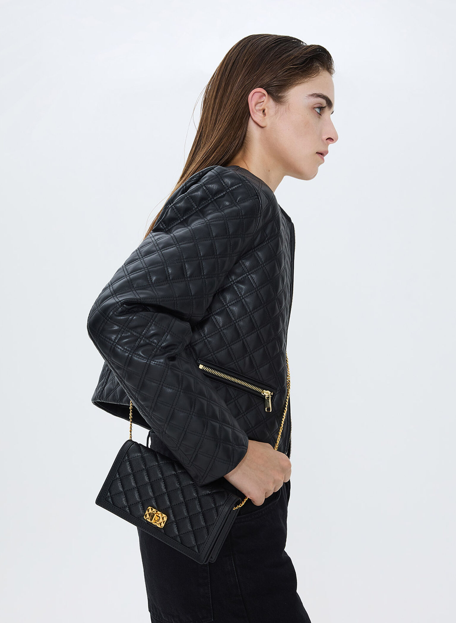 Micaela Quilted Long Wallet, Black, hi-res