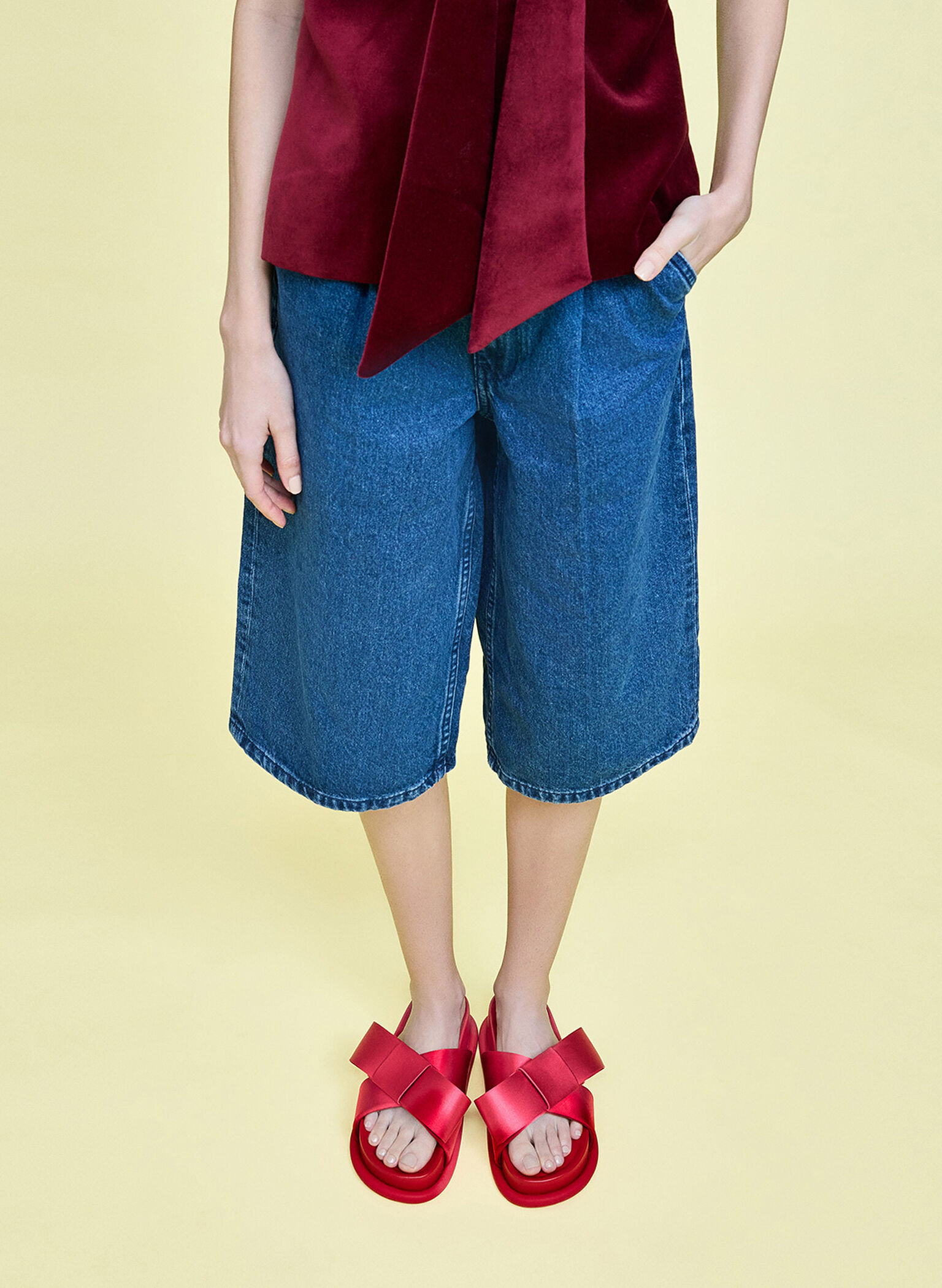 Satin Bow Flatform Sandals, Red, hi-res