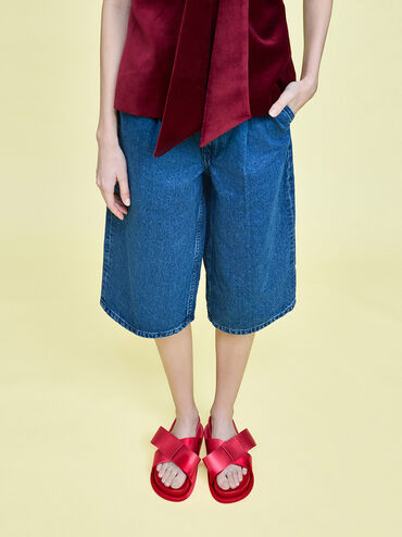 Satin Bow Flatform Sandals, Red, hi-res