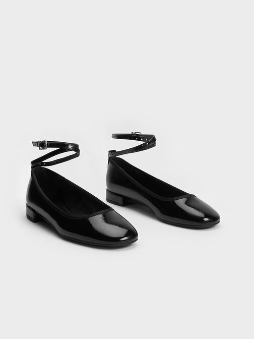 Patent Ankle-Strap Ballet Flats, Black Patent, hi-res