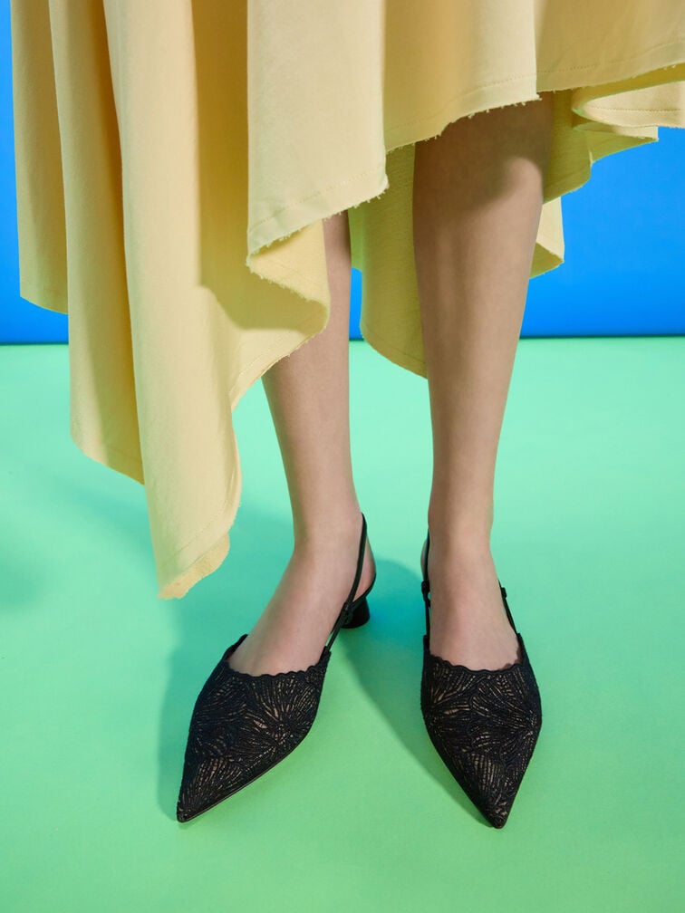 Crochet Floral Pointed-Toe Slingback Pumps, Black Textured, hi-res