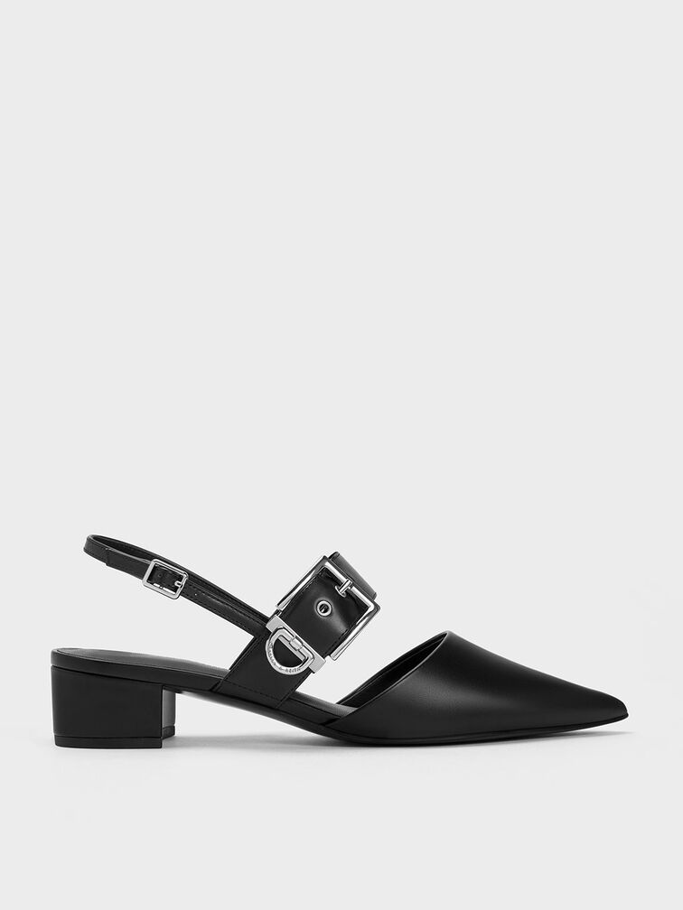 Buckled Strap Slingback Pumps, Black, hi-res