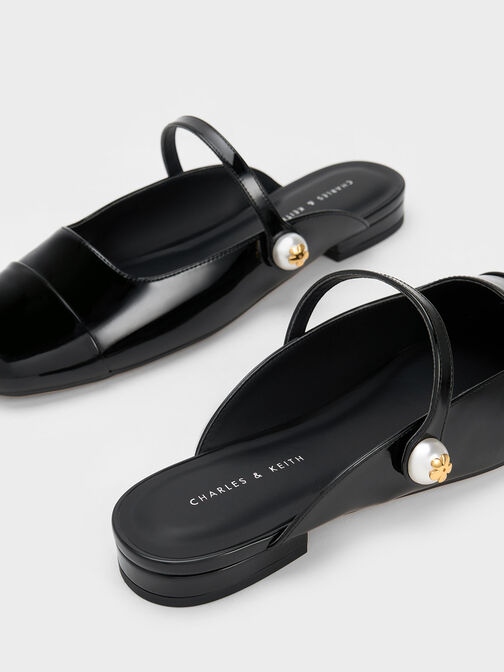 Pearl Embellished Patent Flat Mules, Black Patent, hi-res