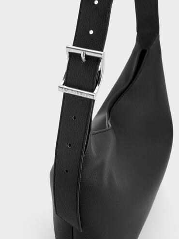 Zora Buckle-Strap Hobo Bag, Noir, hi-res